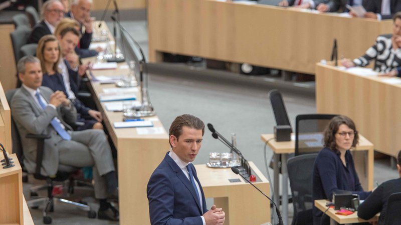 Fotografija: Austrian Chancellor Sebastian Kurz (C) delivers a speech during a session of the parliament before a confidence vote on May 27, 2019 in Vienna following the fallout from the 