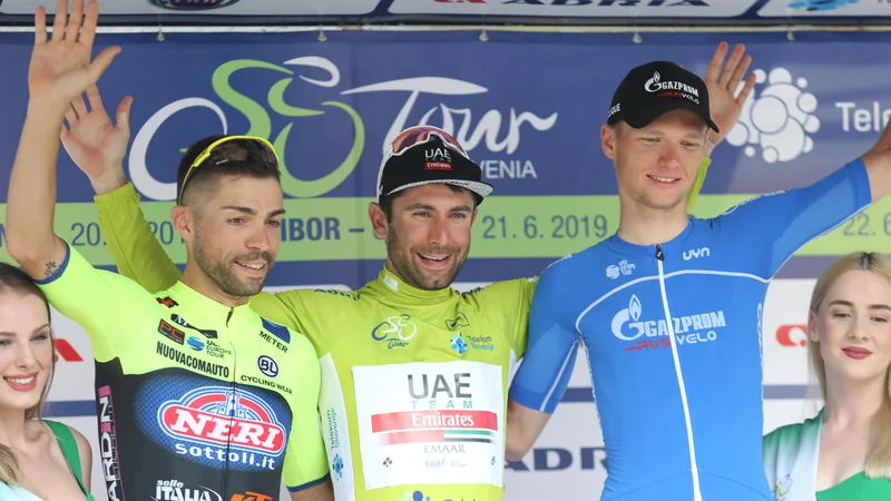 Fotografija: Najboljši trije na 26. dirki po Sloveniji (od leve proti desni) Giovanni Visconti, Diego Ulissi in Aleksandr Vlasov. FOTO: Tomi Lombar/Delo