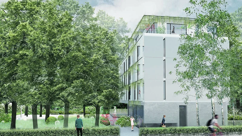 Fotografija: Zmagovalna rešitev arhitektov Vozlič je žirijo prepričala tudi s prestavitvijo vhoda v umaknjeni del prostega pritličja. Vir Zbornica za arhitekturo in prostor