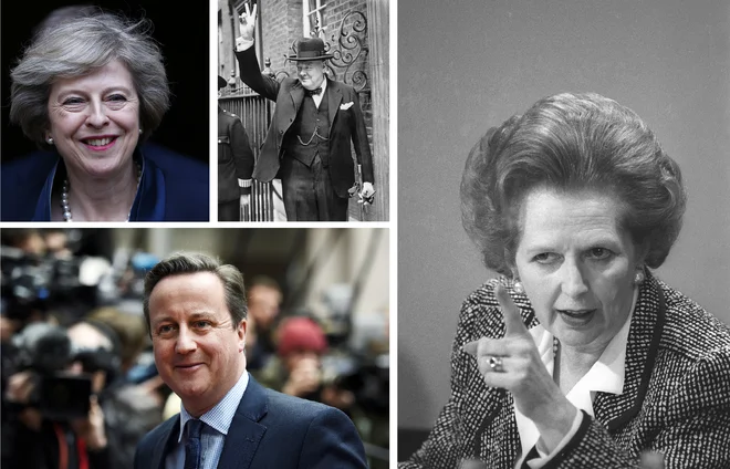 Zgodovinarji Winstona Churchilla in Margaret Thatcher uvrščajo med najuspešnejše konservativne ministrske predsednike. Kako bodo gledali na Davida Camerona in Thereso May? FOTO: Reuters, Wikipedia