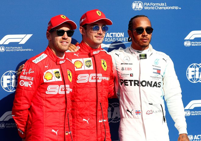 Sebastian Vettel, Charles Leclerc in Lewis Hamilton. FOTO: Francois Lenoir/Reuters