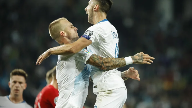 Fotografija: Aljaž Struna (levo) in Andraž Šporar sta Sloveniji priigrala veliko zmago proti doslej nepremagani Poljski. FOTO: Uroš Hočevar/Delo
