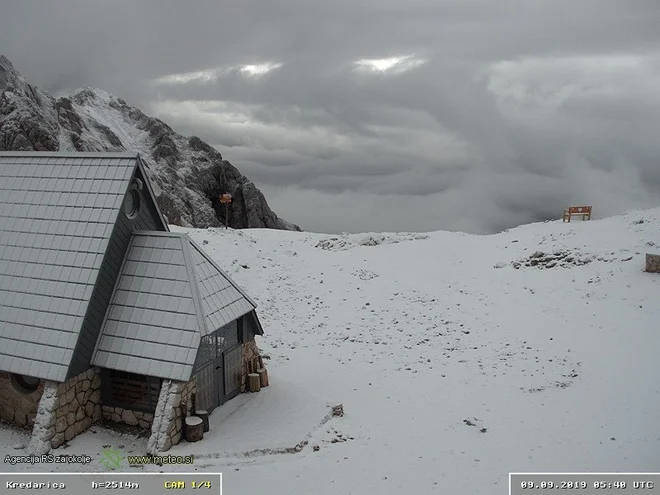 Danes zjutraj je Kredarico pobelil sneg, temperatura pa se je spustila pod ledišče. FOTO: Arso