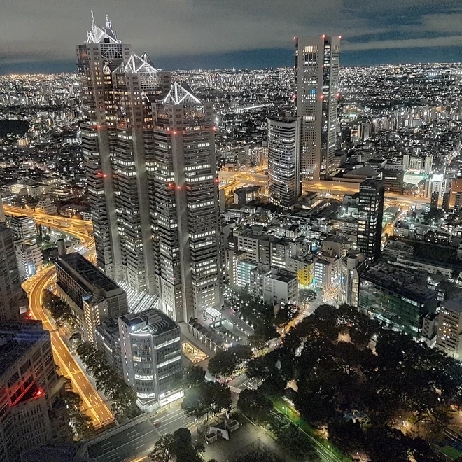 Nočna panorama Tokia, ki si jo z vrha vladne palače turisti ogledajo zastonj, medtem ko je treba za ogled z Nebeškega drevesa plačati. FOTO: Brane Maselj