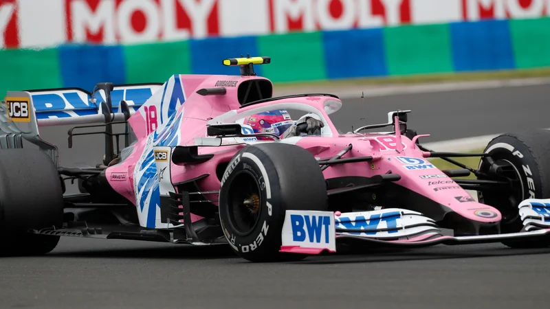 Fotografija: Dirkalnika racing point RP20, s katerim je Lance Stroll danes osvojil četrto mesto, se je že oprijel vzdevel vzdevek »rožnati Mercedes«. FOTO: Darko Bandić/AFP