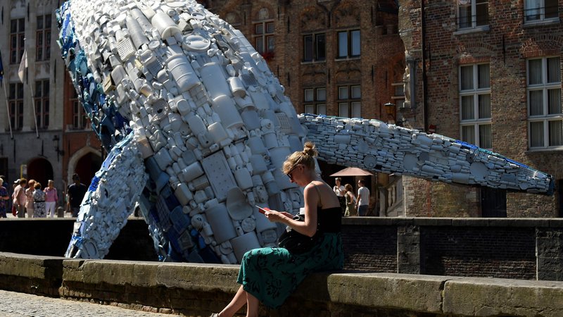 Fotografija: Umetniško delo, ki opozarja na problematiko platičnih odpadkov. FOTO: AFP