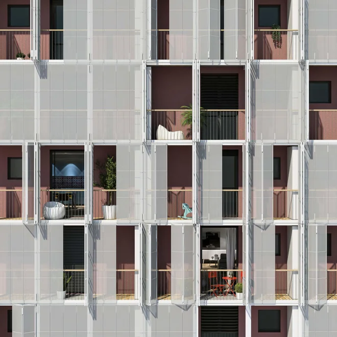 Novost bo samonosilna jeklena konstrukcija z vgrajenimi zložljivimi in perforiranimi senčili. Ta bo omogočila, da se bodo balkončki spremenili v uporabnejše balkone.<br />
Foto 3D-vizualizacija Arhitekture 2211