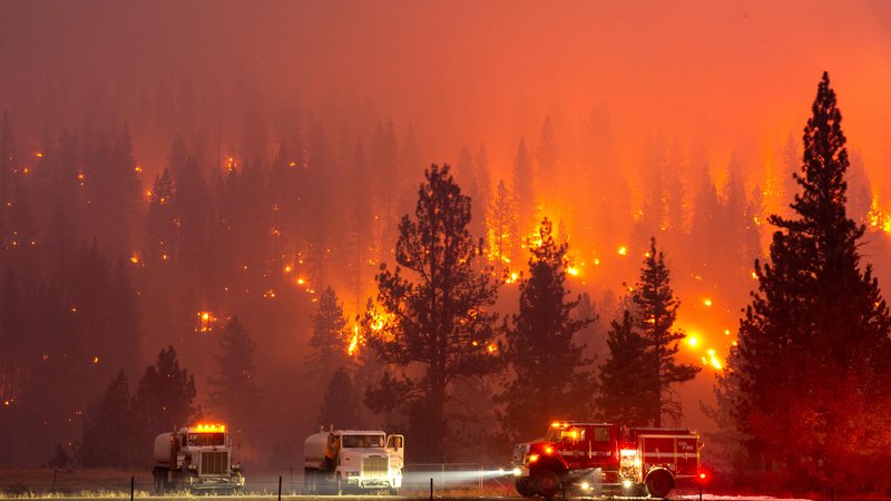 Fotografija: Gasilci se borijo s požarom vzdolž avtoceste 36 v neposredni bližini mesta Susanville v Kaliforniji. Požar, ki se je razširil na več kot 6000 hektarjev, je ustvaril svojo mikroklimo, zaradi česar je moč videti na tem območju strele, grmenje in točo. Šerif okrožja okrožja Lassen je izdal obvezno odredbo za evakuacijo območja. FOTO: Josh Edelson/Afp