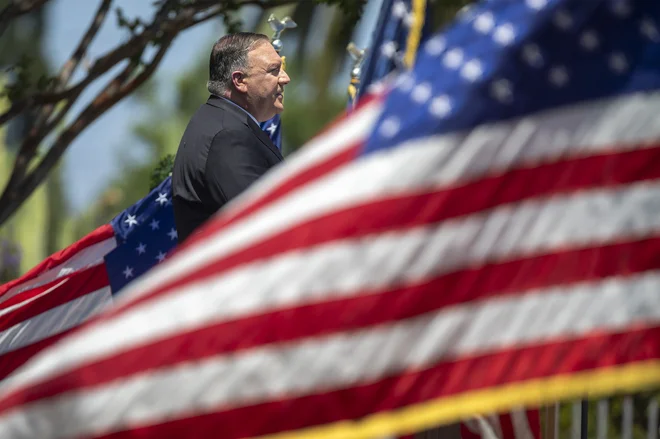 Ameriški državni sekretar Mike Pompeo je govoril v kalifornijski Yorbi Lindi. Foto David McNew/AFP