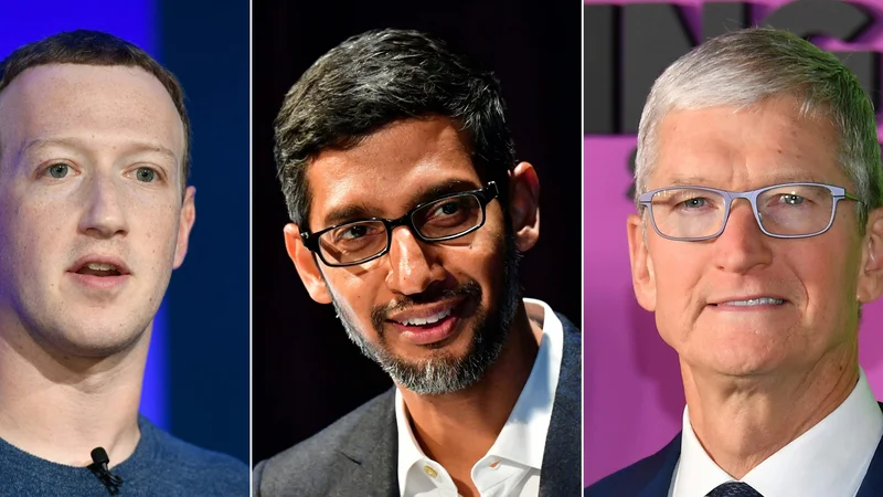 Fotografija: Mark Zuckerberg, Sundar Pichai, Tim Cook in Jeff Bezos. FOTO: Mark Ralston/AFP