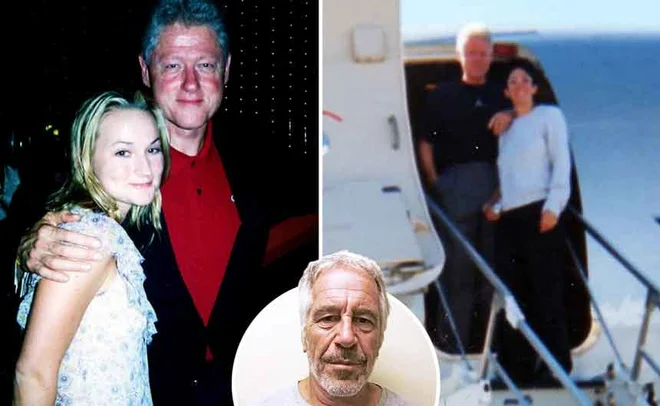 Kolaž fotografij, ki Clintona povezujejo z Epsetinom. Na levi je v družbi Juliette Bryant, desno pa z Ghislaine Maxwell vstopa v tako imenovani Lolita Express. FOTO: Instagram