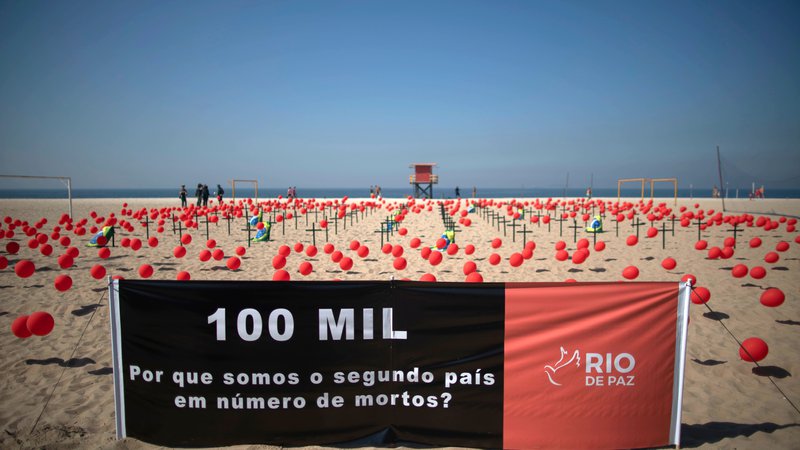 Fotografija: Plakat z napisom: 100.000. Zakaj smo druga država z največ smrtnimi primeri? Na slavni plaži Copacabana so izpustili na tisoče balonov, ki predstavljajo žrtve bolezni v Braziliji. FOTO: Mauro Pimentel/AFP