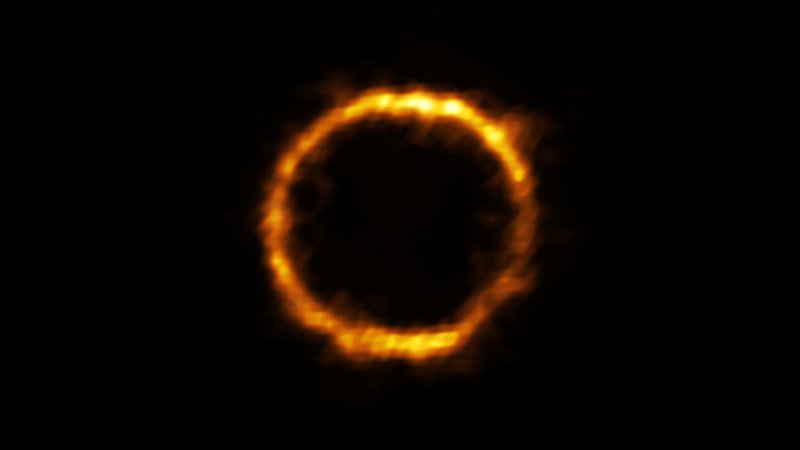 Fotografija: Z radijskim teleskopom Alma so opazovali zelo oddaljeno galaksijo, ki je bila s pomočjo gravitacijskega lečenja videti kot skoraj popoln obroč svetlobe. FOTO: ALMA (ESO/NAOJ/NRAO), Rizzo 