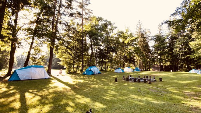 Velik prostor omogoča, da so šotori dovolj narazen, kar zahtevajo tudi ukrepi NIJZ. FOTO: Primož Lukežič