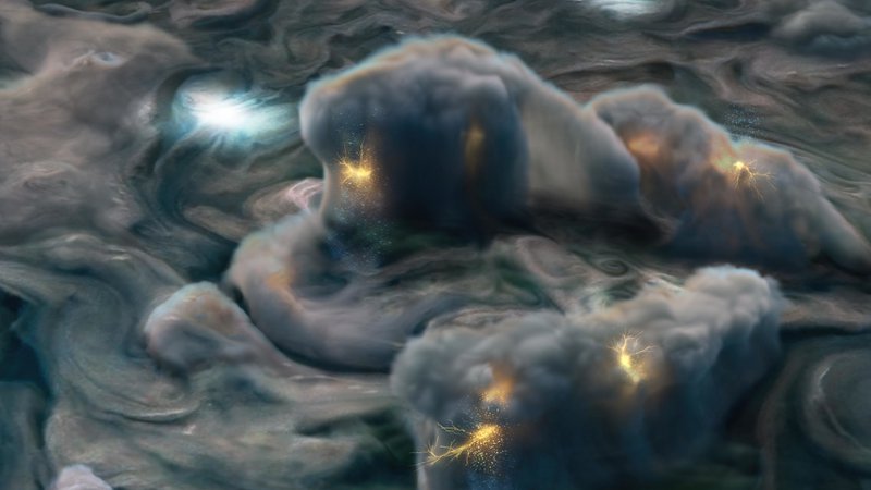 Fotografija: Kapljice raztopine amonijaka in vode padajo proti spodnjim plastem in pri tem trkajo z dvigujočimi se ledenimi kristali ter tako naelektrijo oblake. Foto Nasa/Jpl
