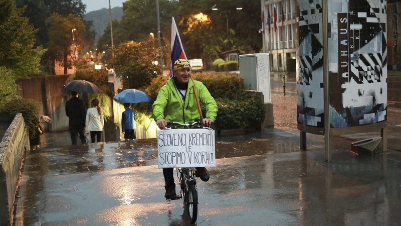 Fotografija: Protest v dežju. FOTO: Jože Suhadolnik/Delo