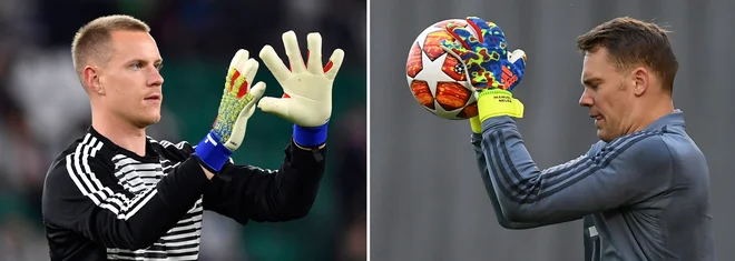 Kdo je nemška vratarska št. 1: Marc-Andre ter Stegen (levo) ali Manuel Neuer (desno)? FOTO: Christof Stache/AFP
