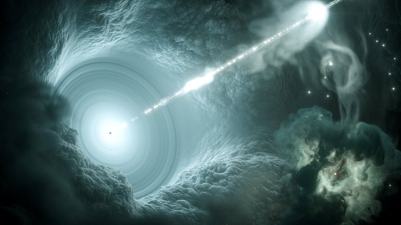 Fotografija: Shematski prikaz aktivnega galaktičnega jedra: snov pada proti supermasivni črni luknji in okoli nje tvori akrecijski disk, ki napaja dva nasprotno usmerjena visokoenergijska curka. Če eden od curkov kaže proti nam, pravimo takemu objektu blazar. VIR: Reuters
