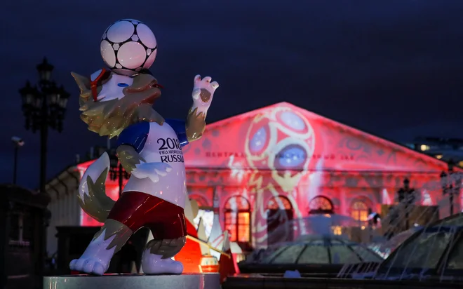 The official mascot for the 2018 FIFA World Cup Russia, Zabivaka, is pictured during a preview of a laser show on a facade of Moscow's Manezh exhibition hall in Moscow, Russia, May 31, 2018. Picture taken May 31, 2018. REUTERS/Maxim Shemetov
