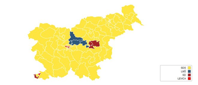 Zemljevid prikazuje, v katerih volilnih okrajih je največ glasov dobila katera stranka. Očitno je, da je v velikem delu Slovenije zmagala SDS. Levica je dobila največ glasov v delih Ljubljane, Šarec pričakovano v Kamniku in okolici. SD pa je največ glasov