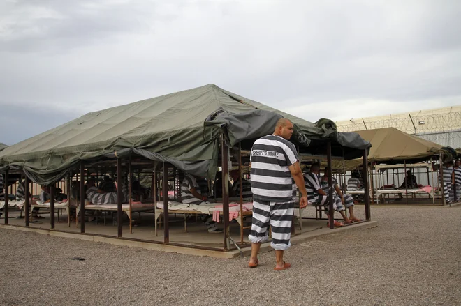 Šerif Joe Arpaio je zapornike v svojem Šotorskem mestu v črtastih uniformah in rožnatem spodnjem perilu postavil pod puščavsko sonce Arizone. FOTO: Reuters
