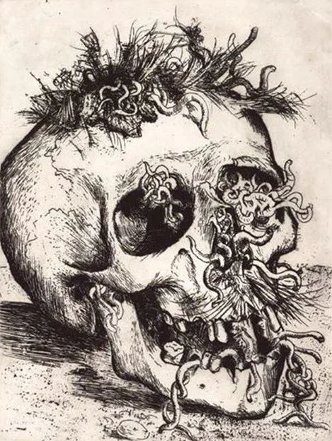Otto Dix: Lobanja, 1924, jedkanica iz grafične serije Vojna.