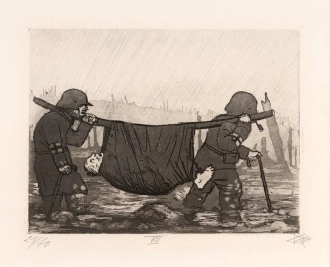 Otto Dix: Prenos ranjenca v Houthulstskem gozdu, 1924, jedkanica.