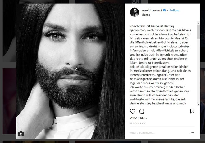 Conchita je na svojem profilu na instagramu v nedeljo priznala, da je že več let HIV-pozitivna.