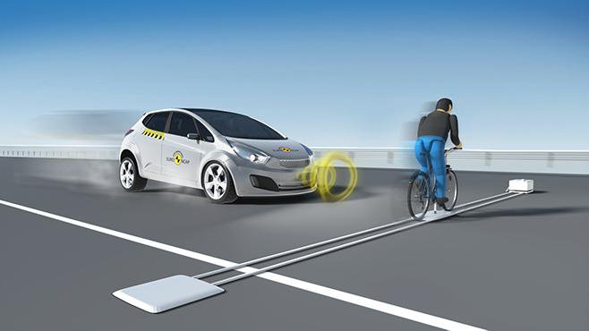 Fotografija: Euro NCAP je po preizkusu zaznavanja pešcev uvedel tudi test prepoznavanja kolesarja, ki pripelje s strani. FOTO: Euro NCAP