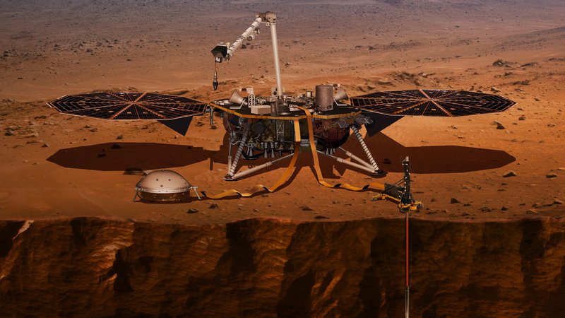 Fotografija: Na Nasini ilustraciji sonda opravlja meritve z vrtalno napravo, ki bo prodrla do pet metrov pod Marsovo površje.