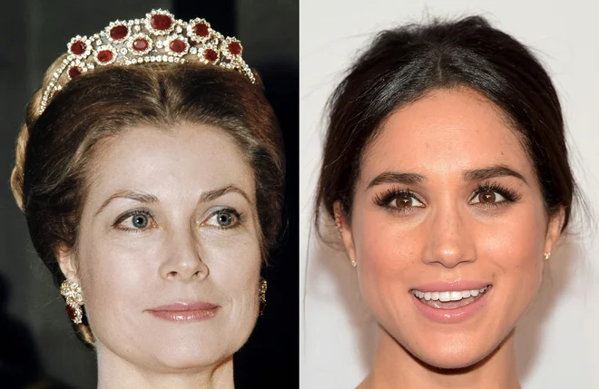Pricesa Grace Monaška leta 1973 in Meghan Markle letos. FOTO: AFP