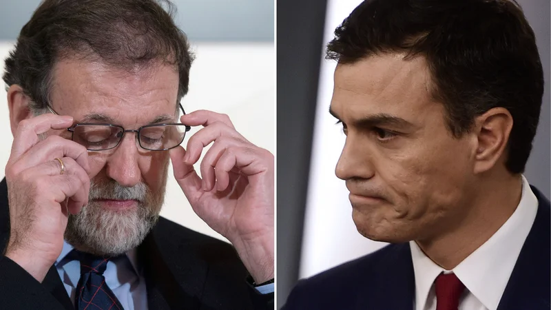 Fotografija: Premier Mariano Rajoy (levo) in vodja največje opozicijske stranke PSOE Pedro Sánchez. FOTO: Pierre-Philippe Marcou/AFP