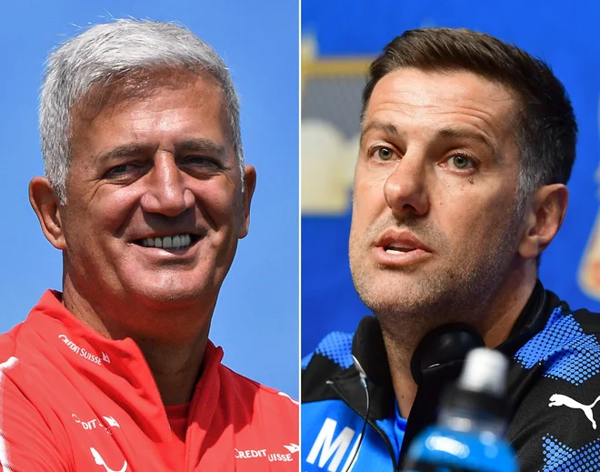 Vladimir Petković (levo) je Švico skozi kvalifikacije popeljal že na drugo veliko tekmovanje, Mladen Krstajić je Srbijo le nasledil od Slavoljuba Muslina. Foto AFP<br />
