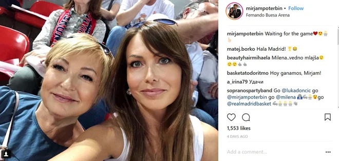 Mirjam Poterbin s svojo materjo Mileno Poterbin na odločilni ponedeljkovi tekmi, ko je madridski Real ugnal Baskonio in postal špansk prvak. FOTO: Instagram
