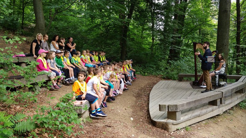 Fotografija: Otroci III. osnovne šole Celje so v gozdu poslušali glasbeno pravljico v izvedbi flavtista Luke Železnika in harfistke Lare Hrastnik. FOTO: Kata Jurov