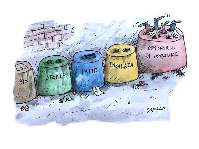 Stop! Ni več prostora za nove odpadke. KARIKATURA: Marko Kočevar