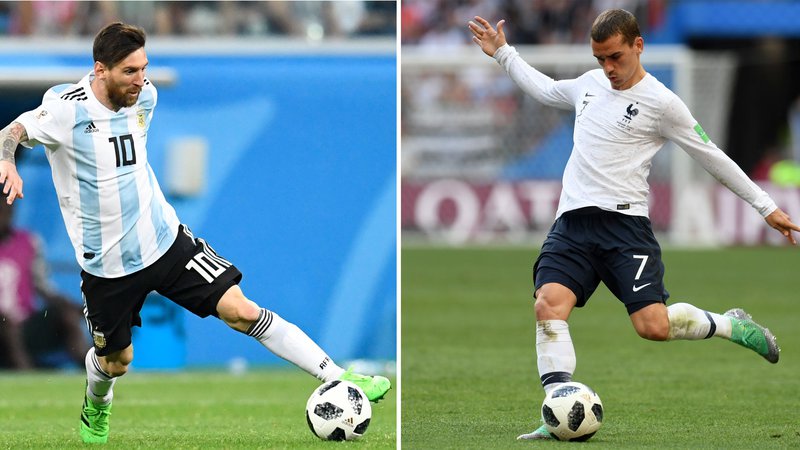 Fotografija: (COMBO) This combination of pictures created on June 28, 2018 shows Argentina's forward Lionel Messi in Saint Petersburg on June 26, 2018 (L) and France's forward Antoine Griezmann in Moscow on June 26, 2018. France will play Argentina in their Russia 2018 World Cup round of 16 football match at the Kazan Arena in Kazan on June 30, 2018. / AFP PHOTO / Patrik STOLLARZ AND Christophe SIMON Foto Christophe Simon Afp