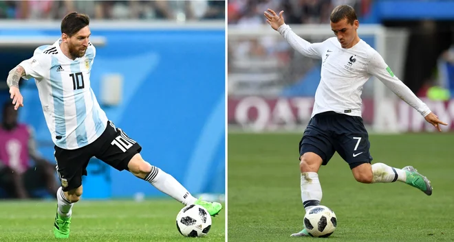 (COMBO) This combination of pictures created on June 28, 2018 shows Argentina's forward Lionel Messi in Saint Petersburg on June 26, 2018 (L) and France's forward Antoine Griezmann in Moscow on June 26, 2018. France will play Argentina in their Russia 2018 World Cup round of 16 football match at the Kazan Arena in Kazan on June 30, 2018. / AFP PHOTO / Patrik STOLLARZ AND Christophe SIMON Foto Christophe Simon Afp