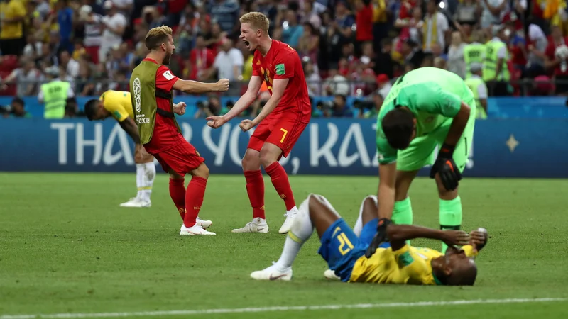 Fotografija: Kevin De Bruyne (št. 7) je z velemojstrskim golom spravil Brazilce v obup. FOTO: Reuters