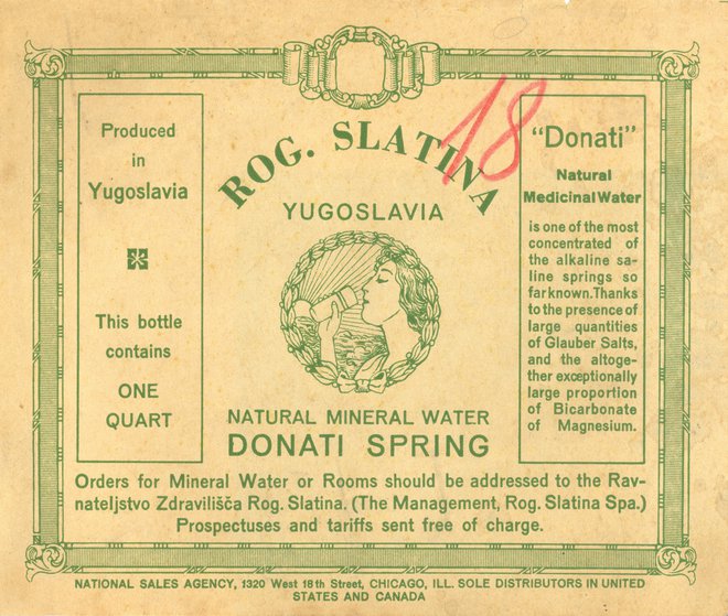 Etiketa za naravno mineralno vodo Donat za izvoz v ZDA in Kanado med svetovnima vojnama. FOTO: Arhiv Droge Kolinske