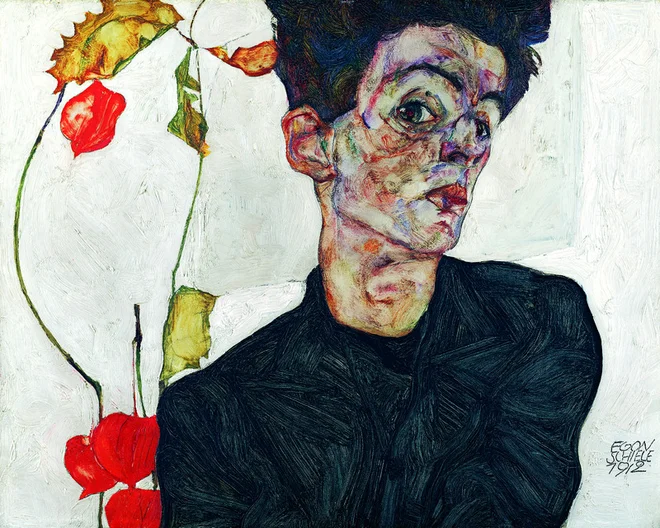 Egon Schiele: <em>Avtoportret z volčjim jabolkom</em>, 1912. FOTO: © Leopoldov muzej, Dunaj