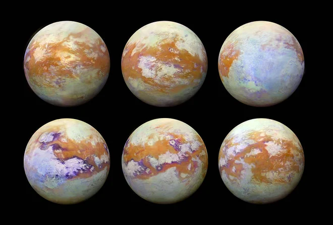 Titan, posnet z infrardečo kamero. FOTO: NASA/JPL-Caltech/Stéphane Le Mouélic, University of Nantes, Virginia Pasek, University of Arizona