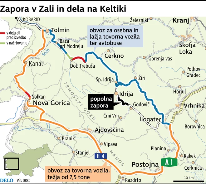 Dela potekajo na cesti med Godovičem in Idrijo kot tudi naprej po Keltiki proti Kobaridu.