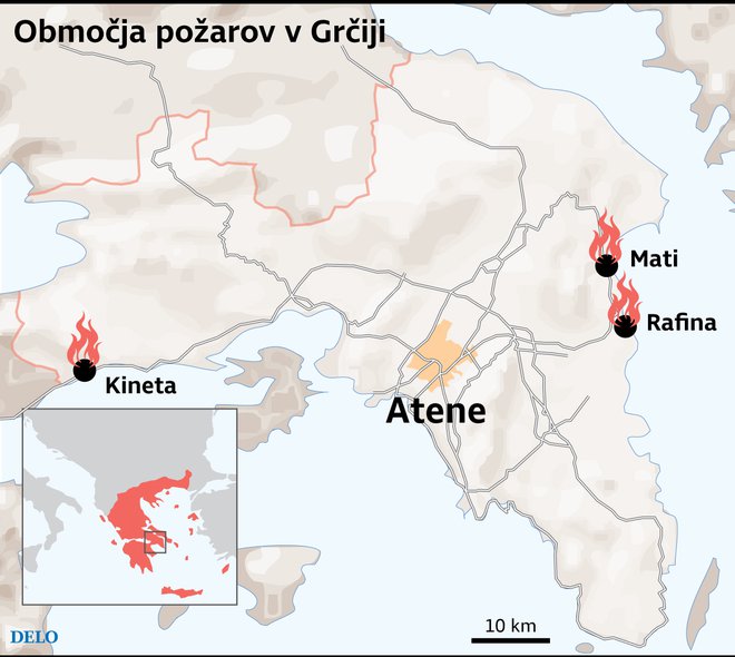 Območja požarov v Grčiji. FOTO: Delo