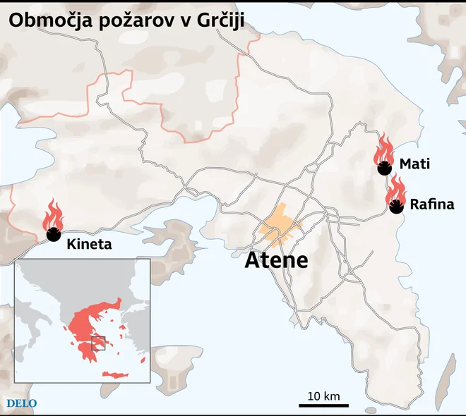 Območja požarov v Grčiji. FOTO: Delo