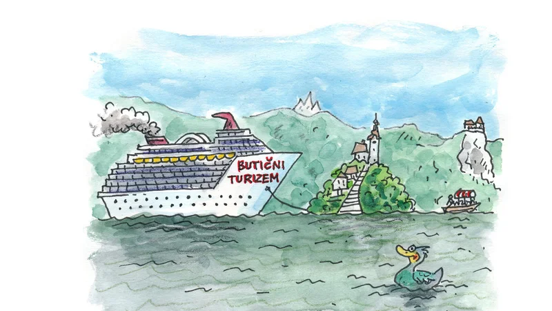 Fotografija: Zdaj je Bled za množice zgolj še en kraj več, ob katerem odkljukajo novo turistično trofejo. KARIKATURA: Marko Kočevar