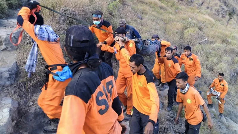 Fotografija: Z indonezijskega vulkana Rinjani na otoku Lombok so uspešno na varno v dolino prepeljali več kot 500 pohodnikov, ki so po nedeljskem potresu ostali ujeti na gori. FOTO: AFP