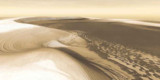 Marsova pola sta oblikovana iz slojev ledu in peska, ki so posledica menjave letnih časov in podnebnih sprememb. Na sliki, ki je sestavljena iz posnetkov Nasinega vesoljskega plovila Odyssey, je dolina Chasma Boreale &ndash; kanjon, ki se zajeda 570 kilometrov globoko v severno ledeno planoto. Okoli 1400 metrov visoke stene kanjona tvorijo nanosi mešanice ledu in peska, dno pa je po predvidevanju znanstvenikov iz zamrznjenega peska. Foto Nasa