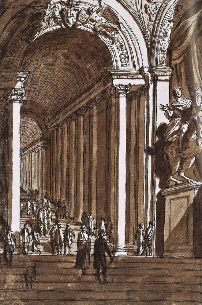 Franc Kavčič: Atrij in Kraljevsko stopnišče (Scala Regia) bazilike sv. Petra v Vatikanu. FOTO: katalog