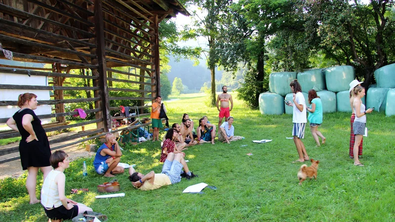 Fotografija: V štirih dneh delavnic in predstav pod kozolcem ob gozdu so bile na glavnem odru Pr’ kozolc‘ izvedene predstave Status quo na trgu dela, Moje prav(lj)ice, Pod vodo in Ema. FOTO: Brane Piano/Delo